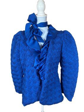 Ralph Montenegro Vintage Woven Knit Ruffle Cardigan Jacket Small Blue